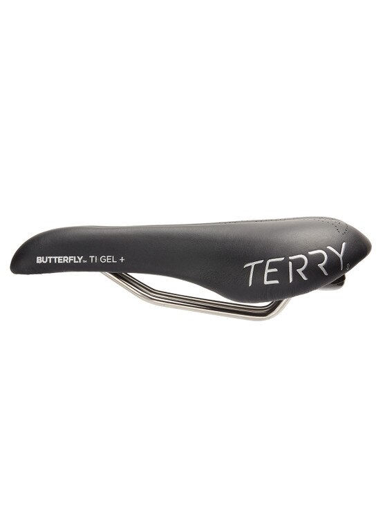 Terry Women's Butterfly Ti Gel + Bike Saddle in the Colorway Black, Left Side